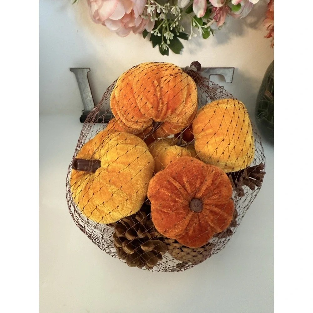 Fall 16 Pcs Velvet Pumpkin and Pinecones Net Bag Decoration Set Assort Sizes New